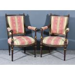A Pair of 19th Century Mahogany and Parcel Gilt Fauteuils, the square backs with rope and bead