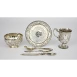 A Victorian Silver Cup, Bowl, Knife, Fork and Spoon, all by Martin Hall & Co London 1872 and