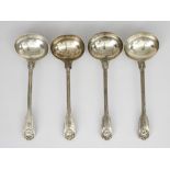 Two Pairs of Silver Fiddle Thread and Shell Pattern Sauce Ladles, 19th Century, one pair by