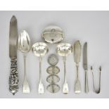 A Pair of George III Silver Fiddle Pattern Sauce Ladles and Mixed Silver Ware, the sauce ladles by