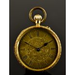 An 18ct Gold Open Faced Keyless Lady's Fob Watch, 34mm diameter case, with gold foliate decorated