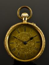 An 18ct Gold Open Faced Keyless Lady's Fob Watch, 34mm diameter case, with gold foliate decorated