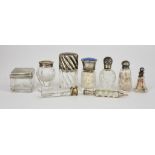 A Victorian Silver Mounted and Glass Cylindrical Scent Bottle and Other Scent Bottles, the