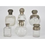 A Late Victorian Silver Mounted and Cut Glass Scent Bottle and Five Others, the bottle of square