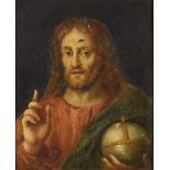 19th Century Continental School - Oil painting - Half-length portrait of Christ as Salvator Mundi,