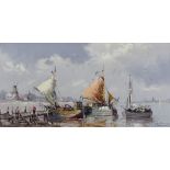 20th Century Continental School - Oil painting - Fishing boats moored near a village, indistinctly