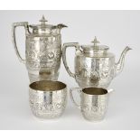 A Victorian Scottish Silver Four-Piece Cylindrical Tea Service, by David Crichton Rait, Glasgow