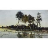 Karl Heffner (1849-1925) - Oil painting - River landscape at sunset with trees to bank, signed,