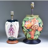 Two Moorcroft Pottery Table Lamps on Wooden Bases, one decorated with Foxglove pattern, 8.5ins