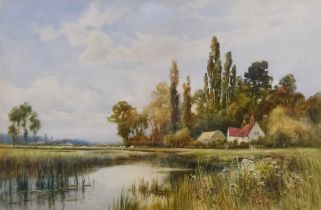Wiggs Kinnaird (1870-1930) - Watercolour - Rural landscape with cottage, and river to foreground,