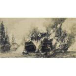 Auguste Ballin (1842-1885) - Three engravings - Naval engagement at sea, silk, 5.125ins x 9.5ins, "