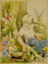 Early 20th Century British School - Watercolour and pencil - Young boy sitting against a tree,