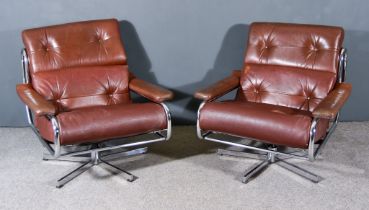 Tim Bates for Pieff - A pair of chrome-framed "Alpha" swivel lounge chairs, upholstered in brown