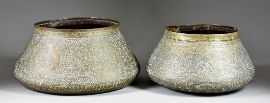 A "Mamluk" Revival Brass Bowl, Late 19th Century, engraved with calligraphic panels, stylised floral