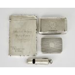 A George III Silver Snuff box and Mixed Silver Ware, the snuff box by W.E, London, 1810, engraved