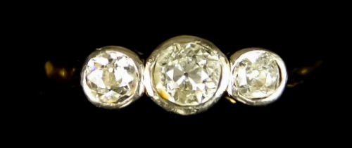 An 18ct Gold Three Stone Diamond Ring, 20th Century, set with three old European cut diamonds,