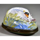 An English Enamel Snuff Box or Bonbonniere, 19th Century, modelled as a swan, the lid enamelled with