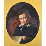 19th Century English School - Oil painting - Half length portrait of seated boy reading a newspaper,