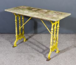 A Painted Cast Iron Garden Table, with veined marble slab to top, on turned shaped end supports,