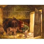19th Century British School - Interior of stable with horse, foal and crouching figure, artist's