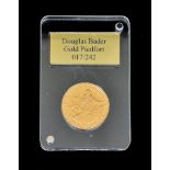 A Queen Elizabeth II Douglas Bader Gold Piedfort One Pound Coin, 2016, in London Mint wood effect