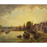 Robert Samuel Ennis Gallon (act.1830-1868) - Oil painting - Busy river scene with town beyond,