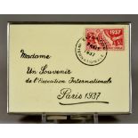 A Vintage Art Deco Envelope Powder Compact, souvenir of the 1937 Paris Exposition, unused, with