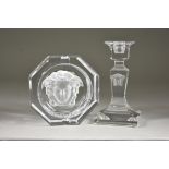 Rosenthal Meets Versace 'Medusa' Glass Candlestick and Ashtray, the candlestick in clear glass