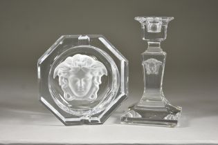 Rosenthal Meets Versace 'Medusa' Glass Candlestick and Ashtray, the candlestick in clear glass