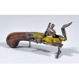 A Flintlock Tinder Pistol, Circa 1750, by J. Savage, brass action engraved with floral motif and