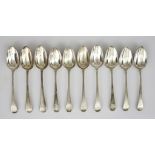 Ten George III Plain Silver Dessert Spoons, various makers and dates, some crested, some