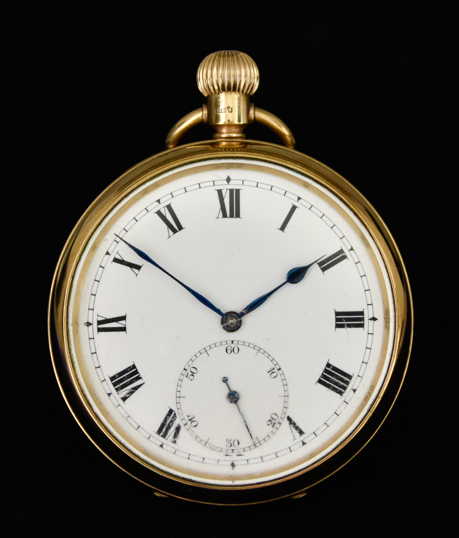 A 9ct Gold Keyless Open Faced Pocket Watch, 50mm diameter case, white enamelled dial with black