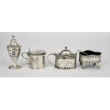 A Victorian Silver Circular Mustard Pot and an Elizabeth II Silver Oval Three-Piece Condiment Set,