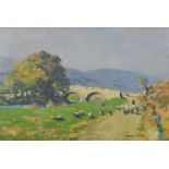 George Houston (1869-1947) - Oil painting - Scottish highland scene with twin-arched stone bridge