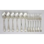 Six William IV Scottish Silver Dessert Forks and Six Victorian Dessert Spoons, the fiddle and