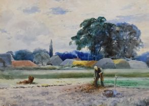 Leopold Rivers (1852-1905) - Watercolour - Rural landscape with figure digging potatoes, signed,