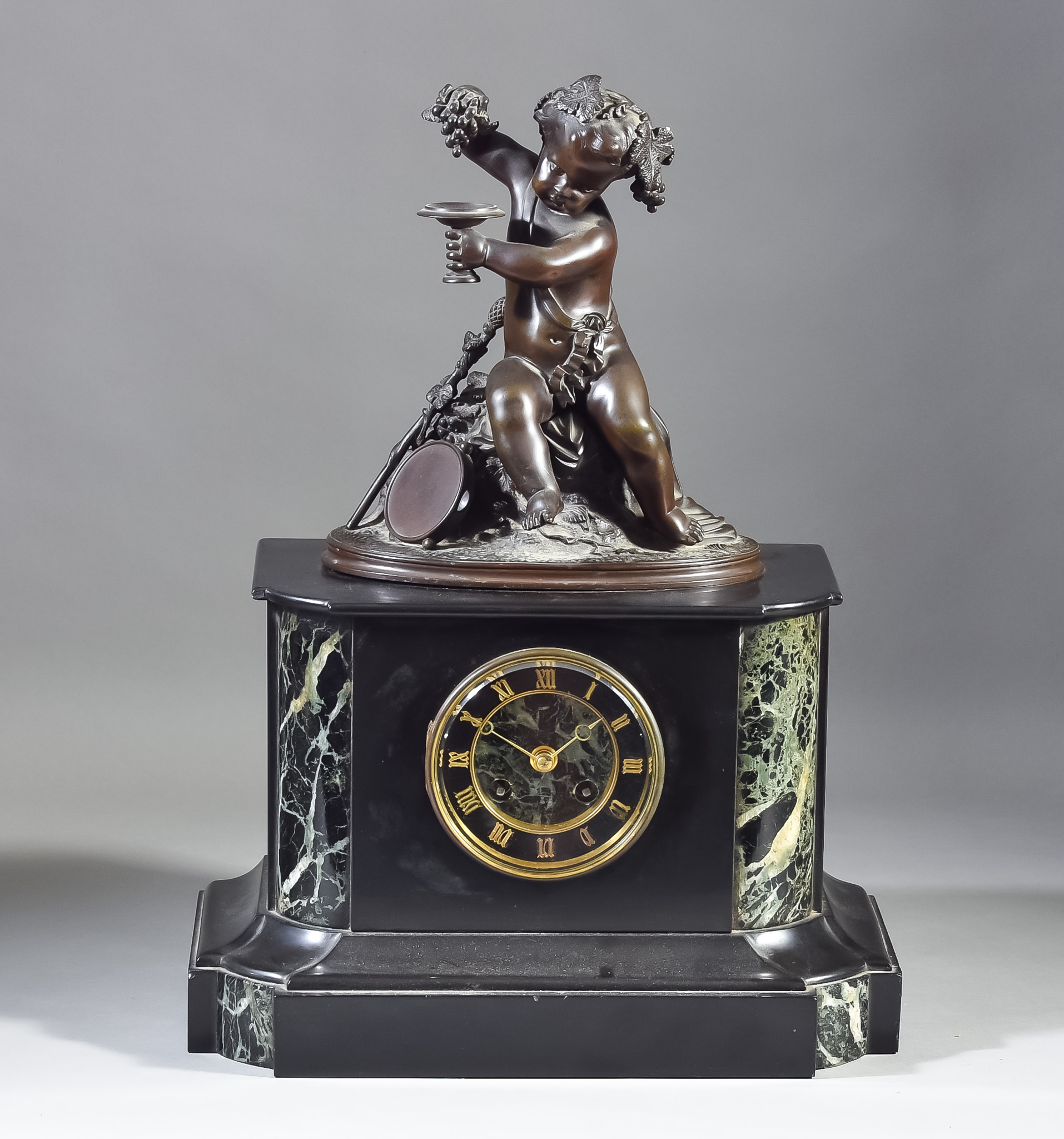 A 19th Century French Black, Green Veined Marble and Bronze Mantel Clock, by CR, No, 147, the 3.