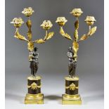 A Pair of Continental Gilt Brass and Bronze Three-Branch Candelabra, 19th Century, modelled as a