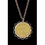 A Victoria Sovereign, 1890, set in necklace mount suspended from 9ct gold rope twist chain, 600mm in