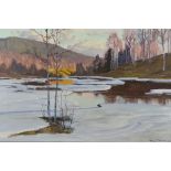 Nils Olzon (1891-1953) - Oil painting - Frozen lake with hill and trees to background, signed and