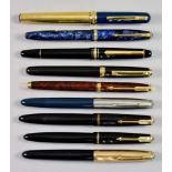 A Quantity of Fountain Pens, 20th Century, comprising - one Mont Blanc, five Parker, one Sheafer,