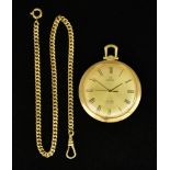 An Omega Quartz Movement Gold Plated Pocket Watch, 45mm diameter, gold dial with black Roman