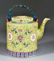 A Chinese Porcelain Teapot and Cover, Early 20th Century, enamelled with stylised chrysanthemum on a