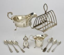 An Edward VII Silver Six Division Toast Rack and Mixed Silverware, the toast rack by Walker and