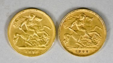 Two Half Sovereigns, Victoria 1896 and Edward VII 1906, both fine