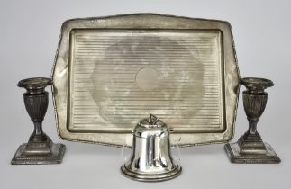 A George V Silver Rectangular Tray, a Pair of Candlesticks and an Inkwell, the tray by W G Sothers &