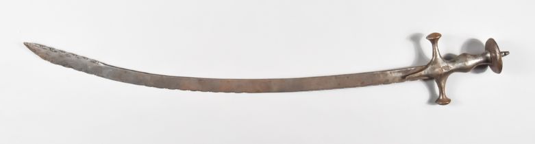 A Indian Talwar, bright steel blade, 26ins, with serrated edge, steel hilt and cross guard, 29.