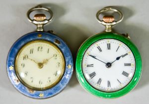 Two Small Lady's Continental Silver and Enamel Fob Watches, one depicting a couple and the other a