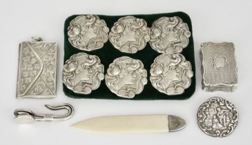 A Victorian Silver Rectangular Vinaigrette and Mixed Silverware, the vinaigrette by Edward Smith,