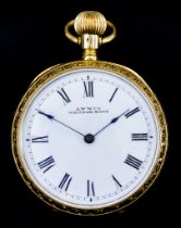 An Open Face Keyless Lady's Fob Watch, by Waltham, 18ct gold case, 38mm diameter, with 18ct gold